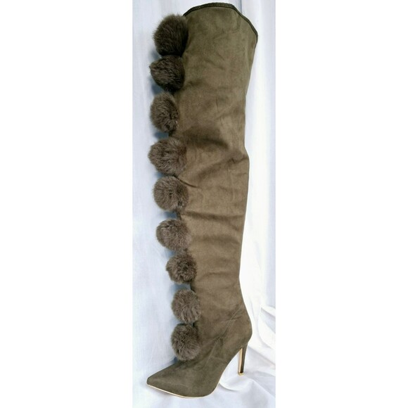 New Cape Robbin GiGi Pom Pom Over The Knee High Heel Boots Olive Army Green 8M - Picture 1 of 16
